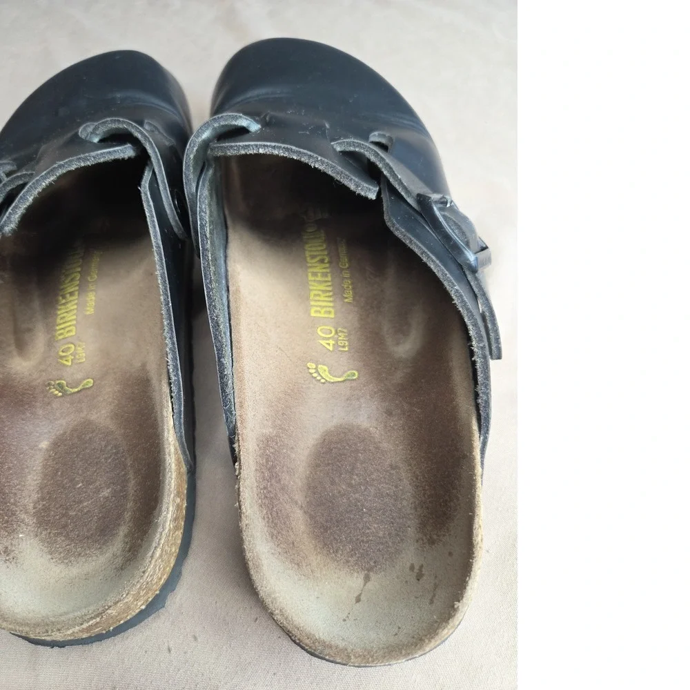 Men's Birkenstock Boston Black Leather Clog Sandals EU 40 Cork